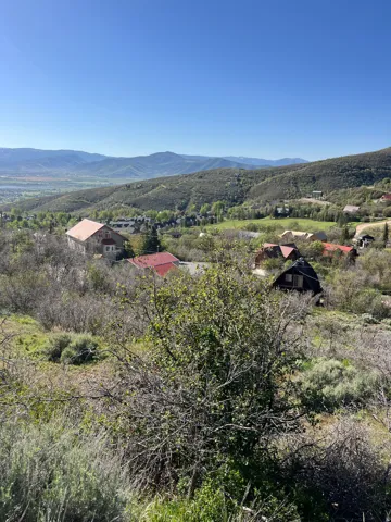 Expansive mountain landscape featuring distant valley, clear blue sky, and surrounding natural foliage