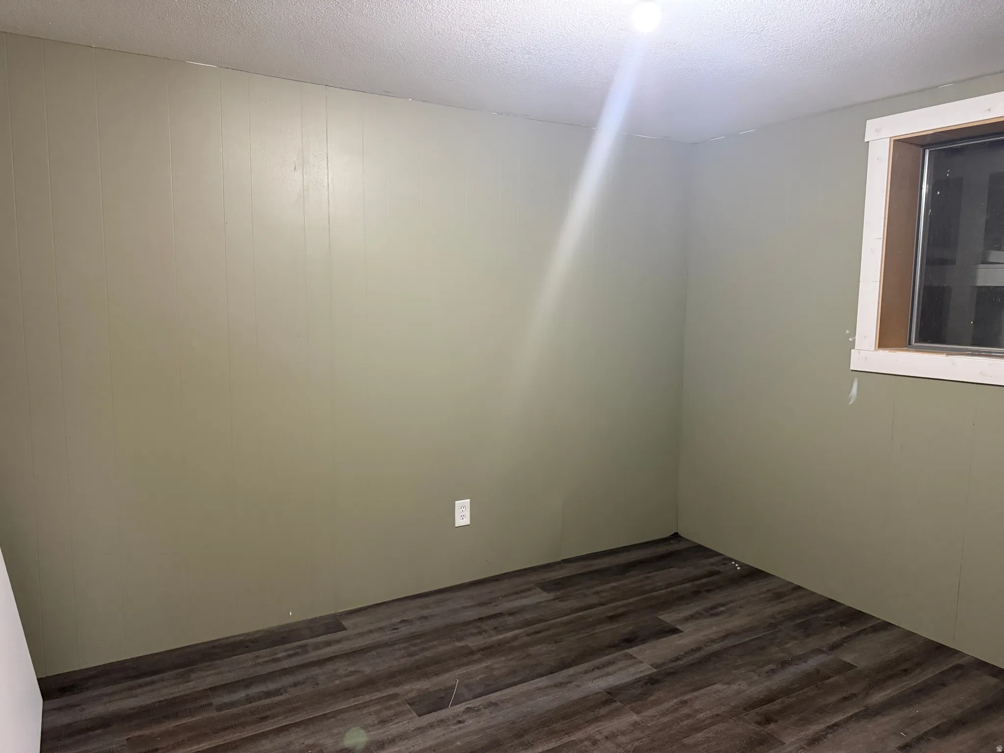 Interior room featuring wood-finish flooring, a window with trim, and a ceiling-mounted light fixture