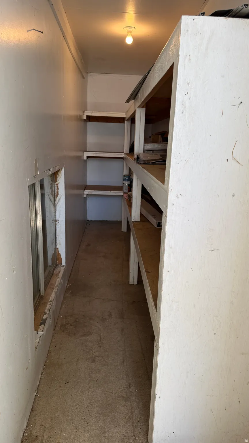 Utility room featuring built-in shelving units, concrete flooring, and an exposed light fixture