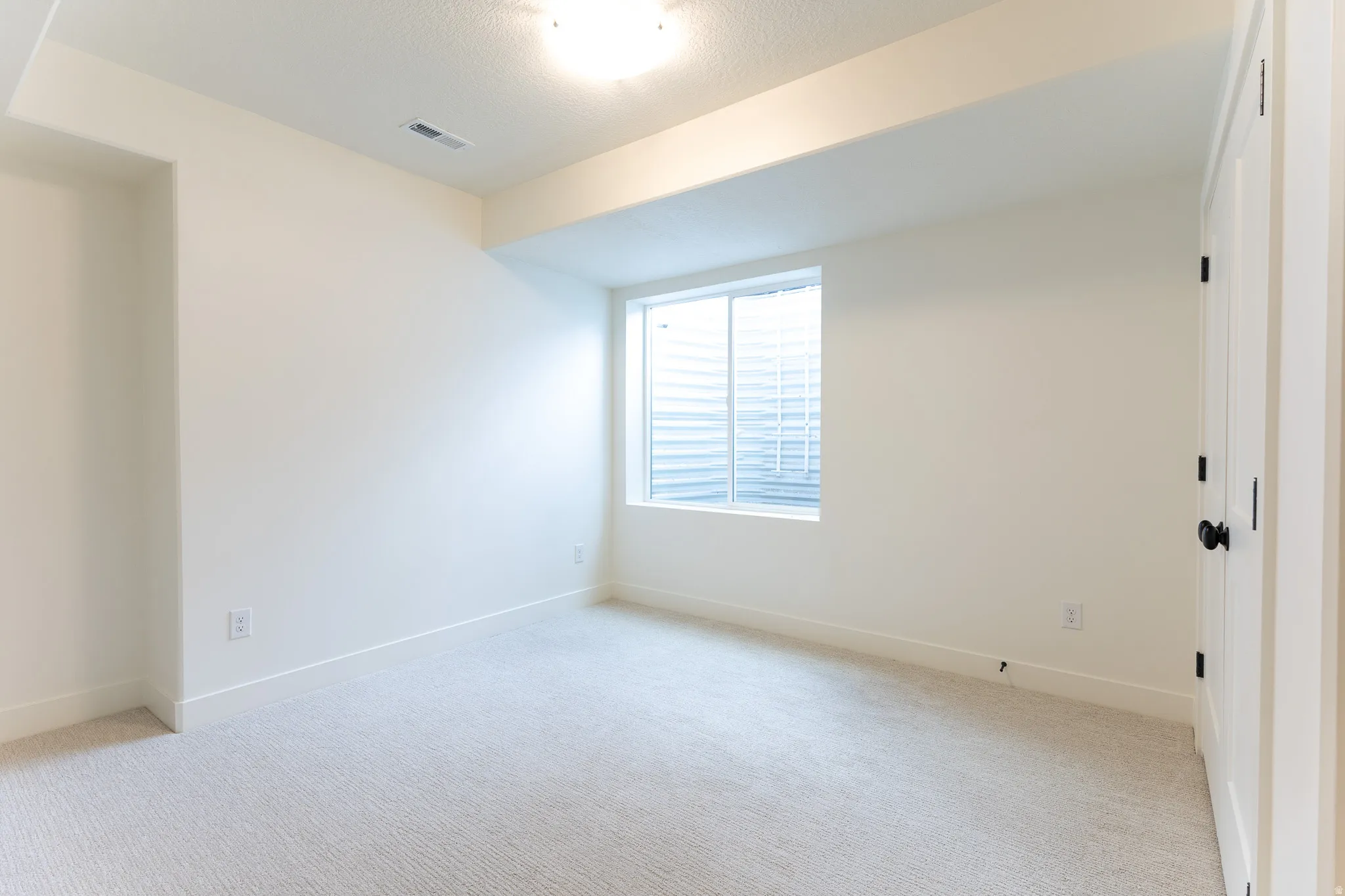 Bright interior space featuring a window with blinds, light-colored carpeting, a white door with black hardware, and overhead lighting