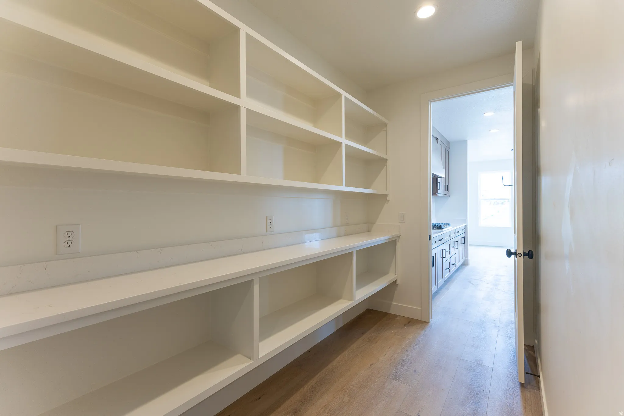 Spacious pantry with extensive built-in shelving, white countertops, and wood-finish flooring
