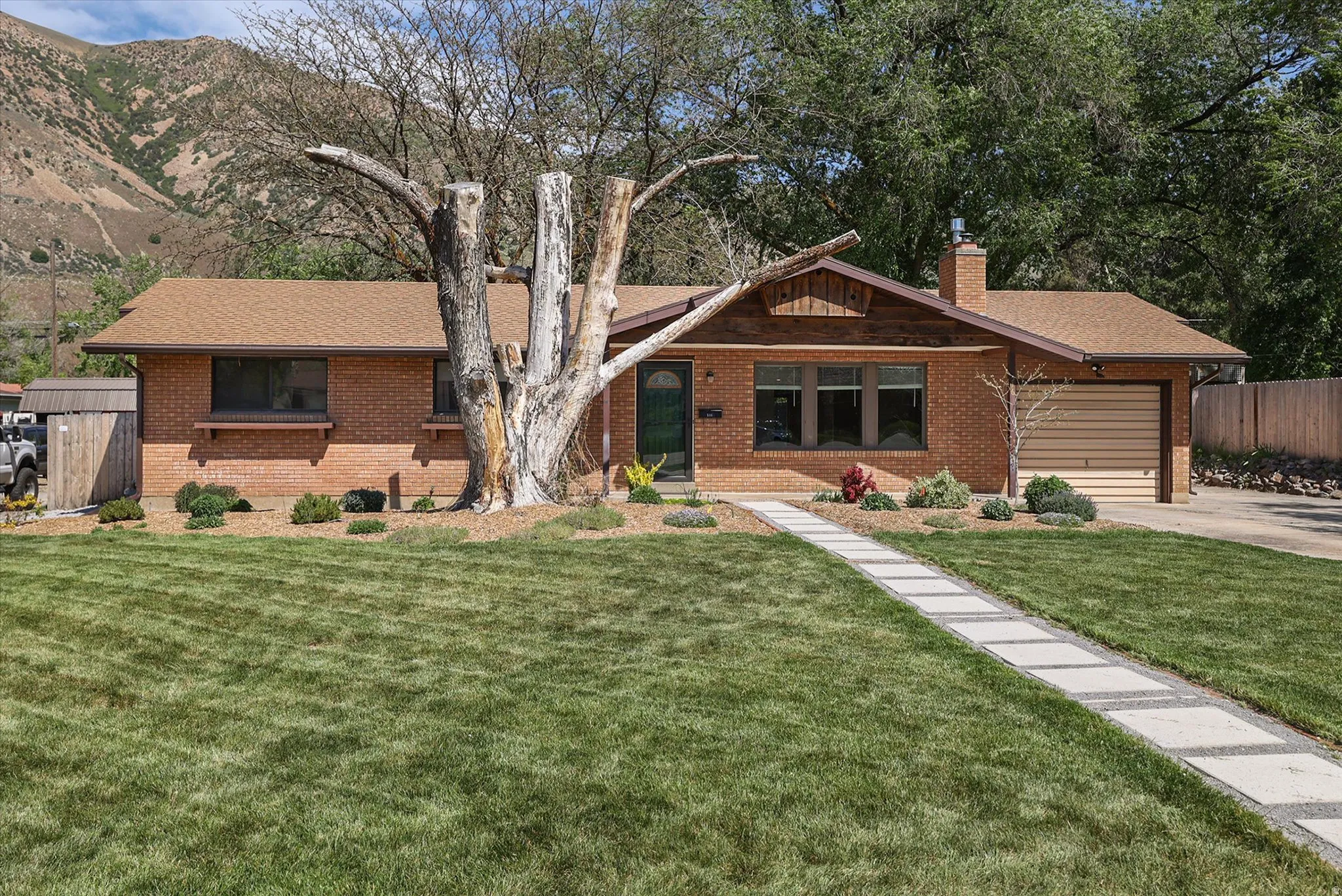 Brick facade residence featuring a front lawn, paved walkway, and a prominent mature tree
