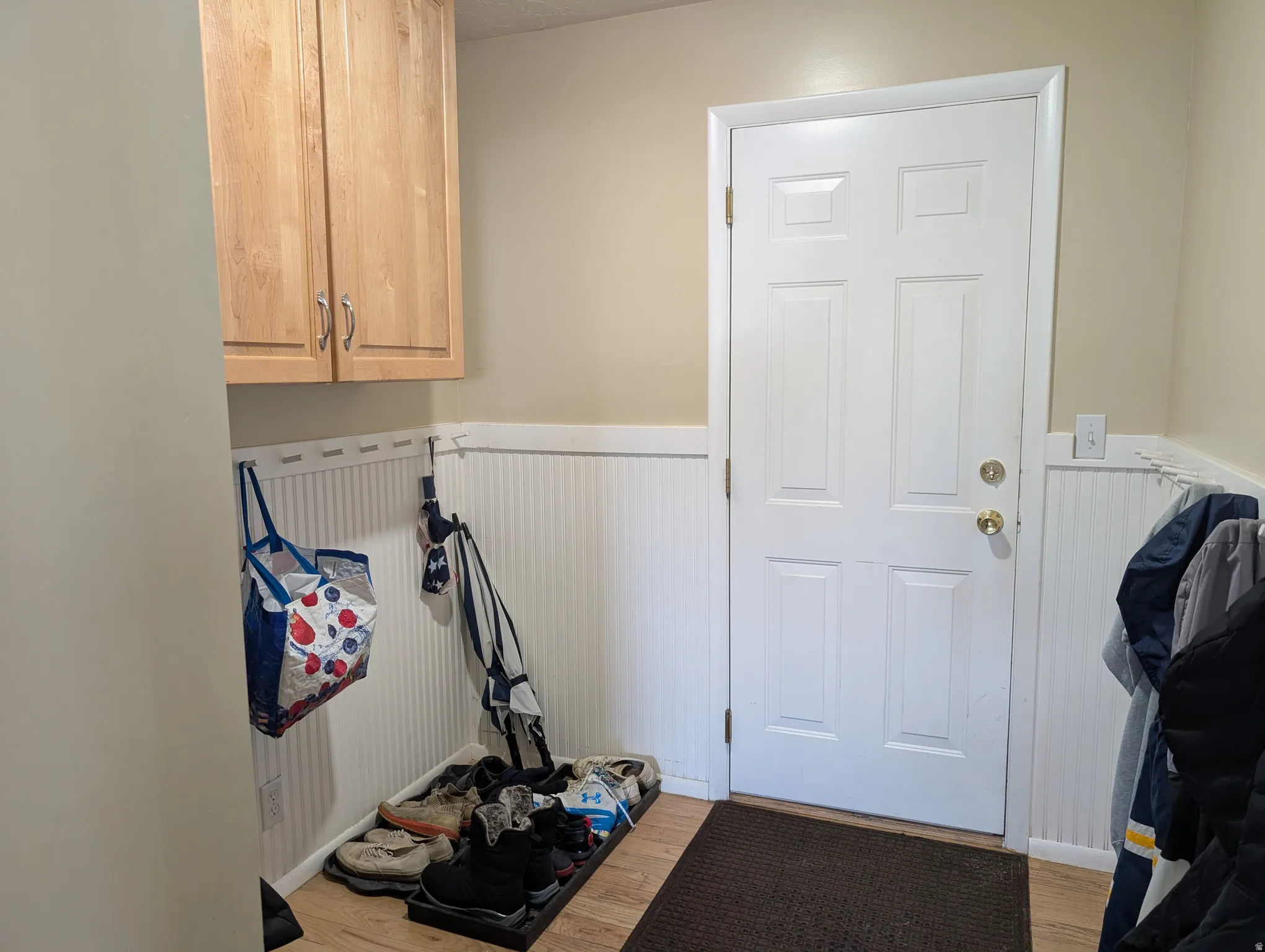 White paneled door with brass hardware, complemented by natural wood-finish flooring
