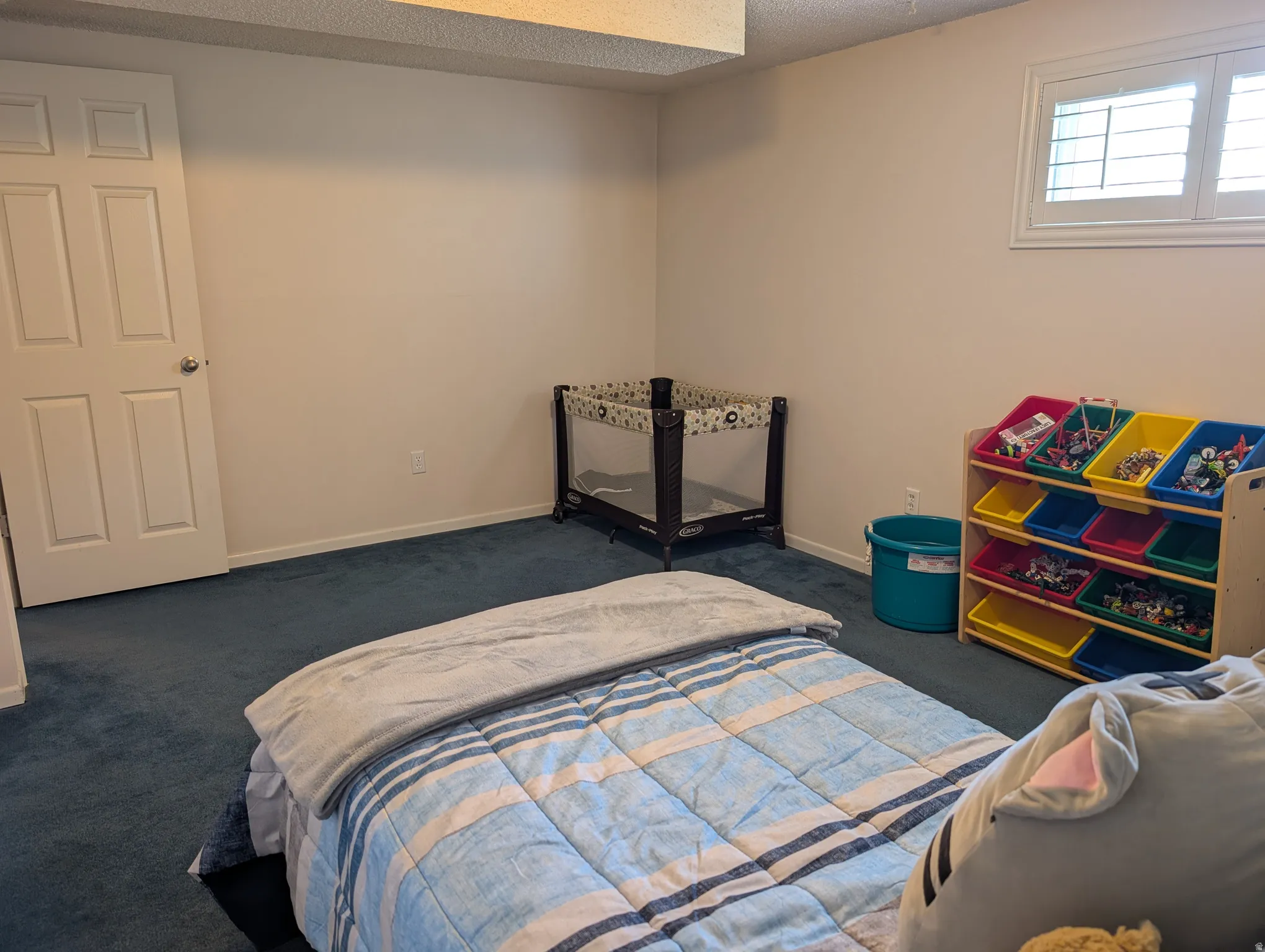 White interior door with a silver knob, neutral wall paint, white baseboards, and blue carpet flooring