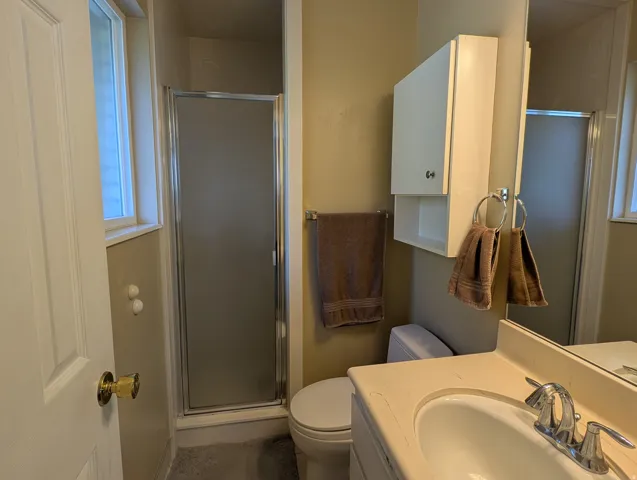 Master bathroom featuring a shower with a framed frosted glass enclosure, a window providing natural light, and a vanity with an integrated sink