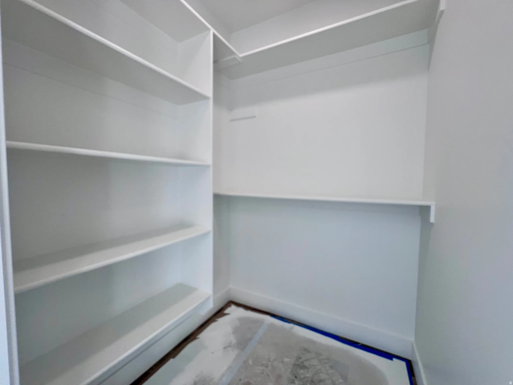 Walk-in closet with ample white shelving