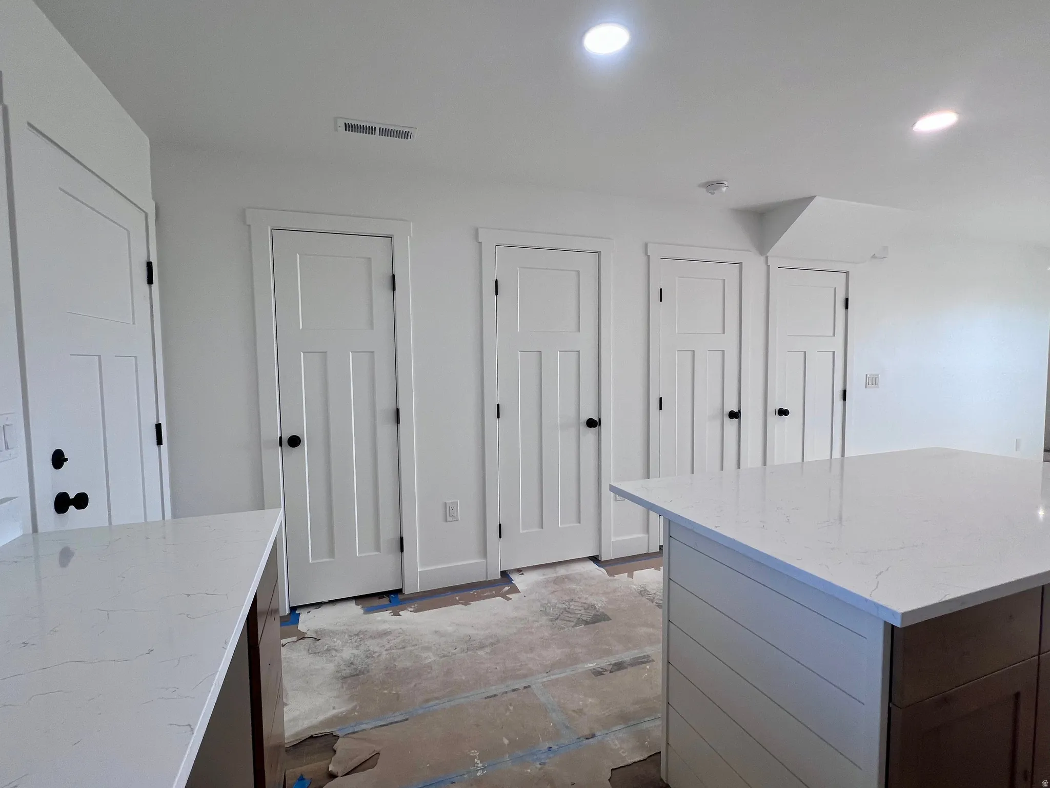 Contemporary interior featuring multiple paneled doors with black hardware, recessed ceiling lighting, and a kitchen island with a white countertop and shiplap-style paneling
