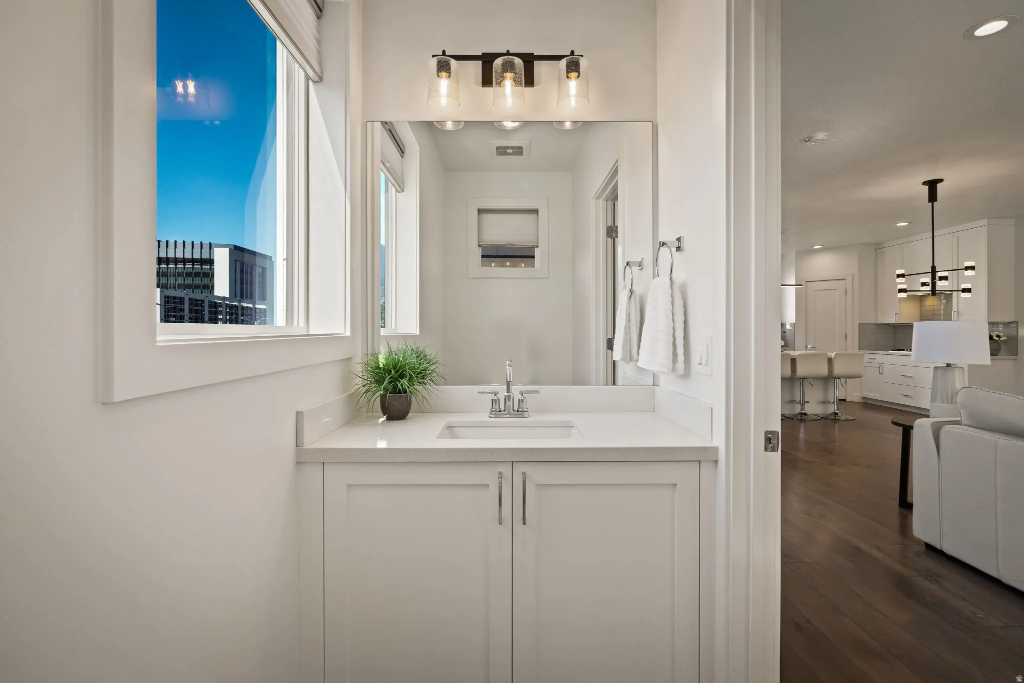 Bathroom with vanity, dark wood-type flooring, and recessed lighting