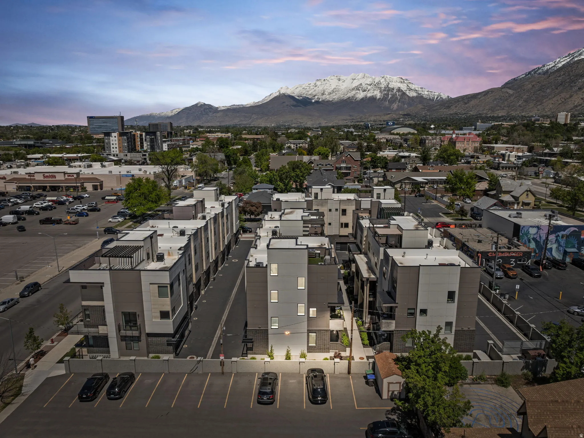 Aerial view at dusk of a mountain view