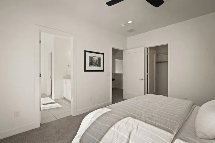 Carpeted bedroom featuring ceiling fan, a walk in closet, and recessed lighting