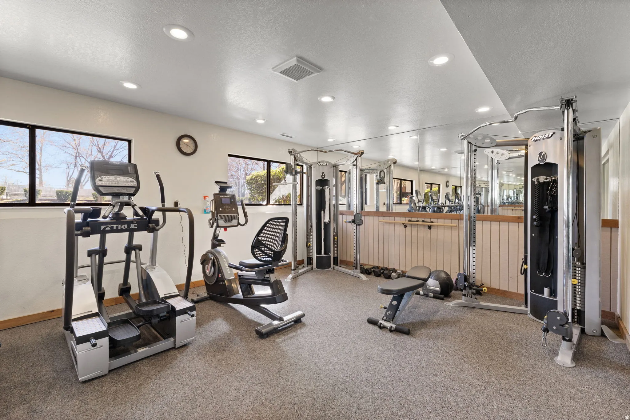 Dedicated fitness room featuring carpeted flooring and recessed lighting