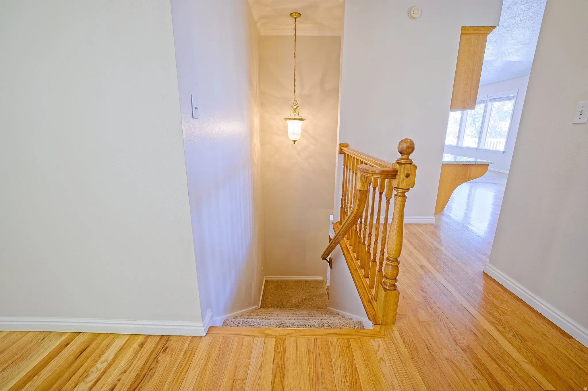 Hardwood flooring extending from the entry, featuring a wood banister and staircase with carpeted treads. Basement stairs near the front entry.