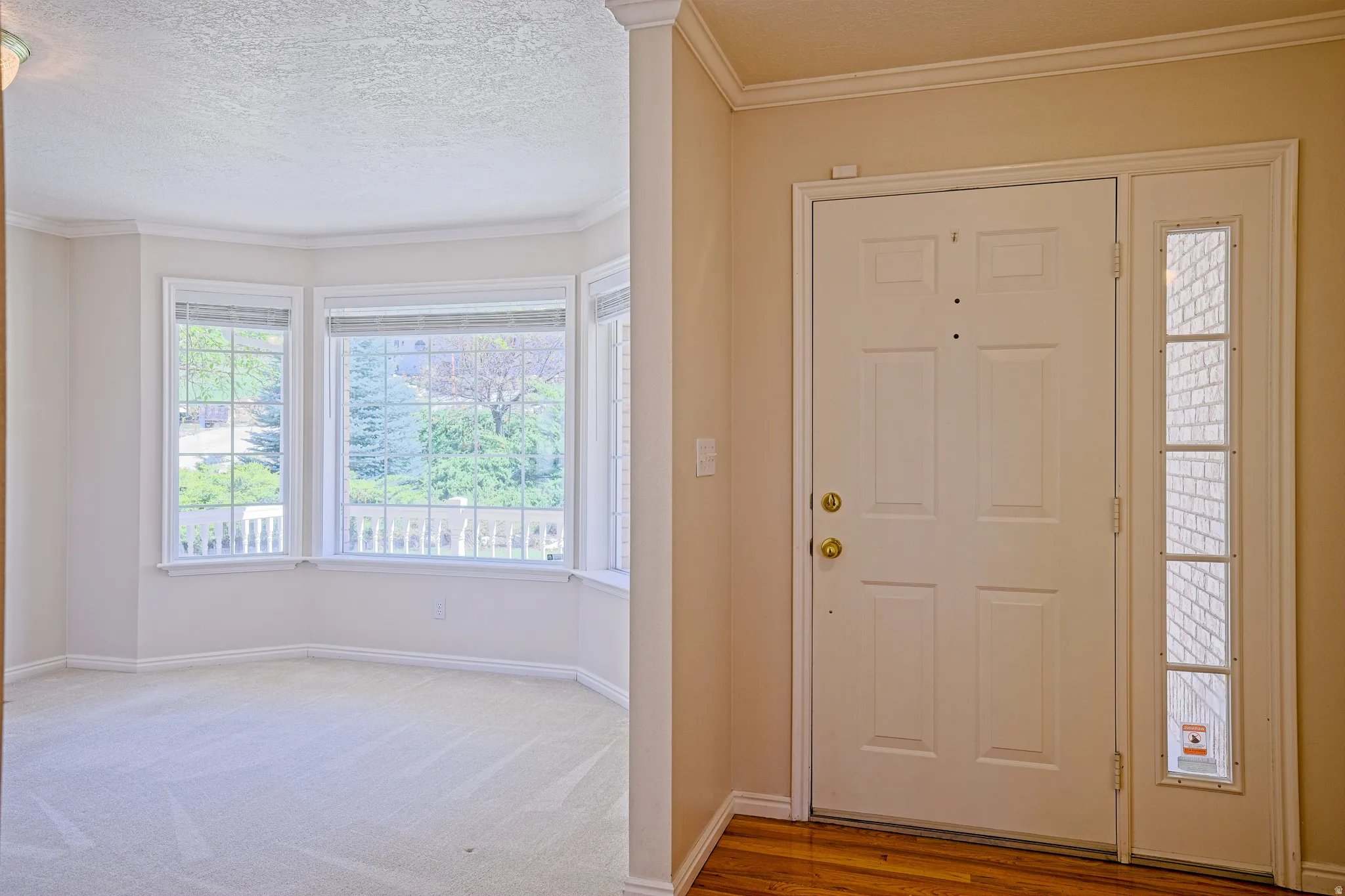 Entryway featuring a paneled door with polished brass hardware, a full-length sidelight, and wood-finish flooring