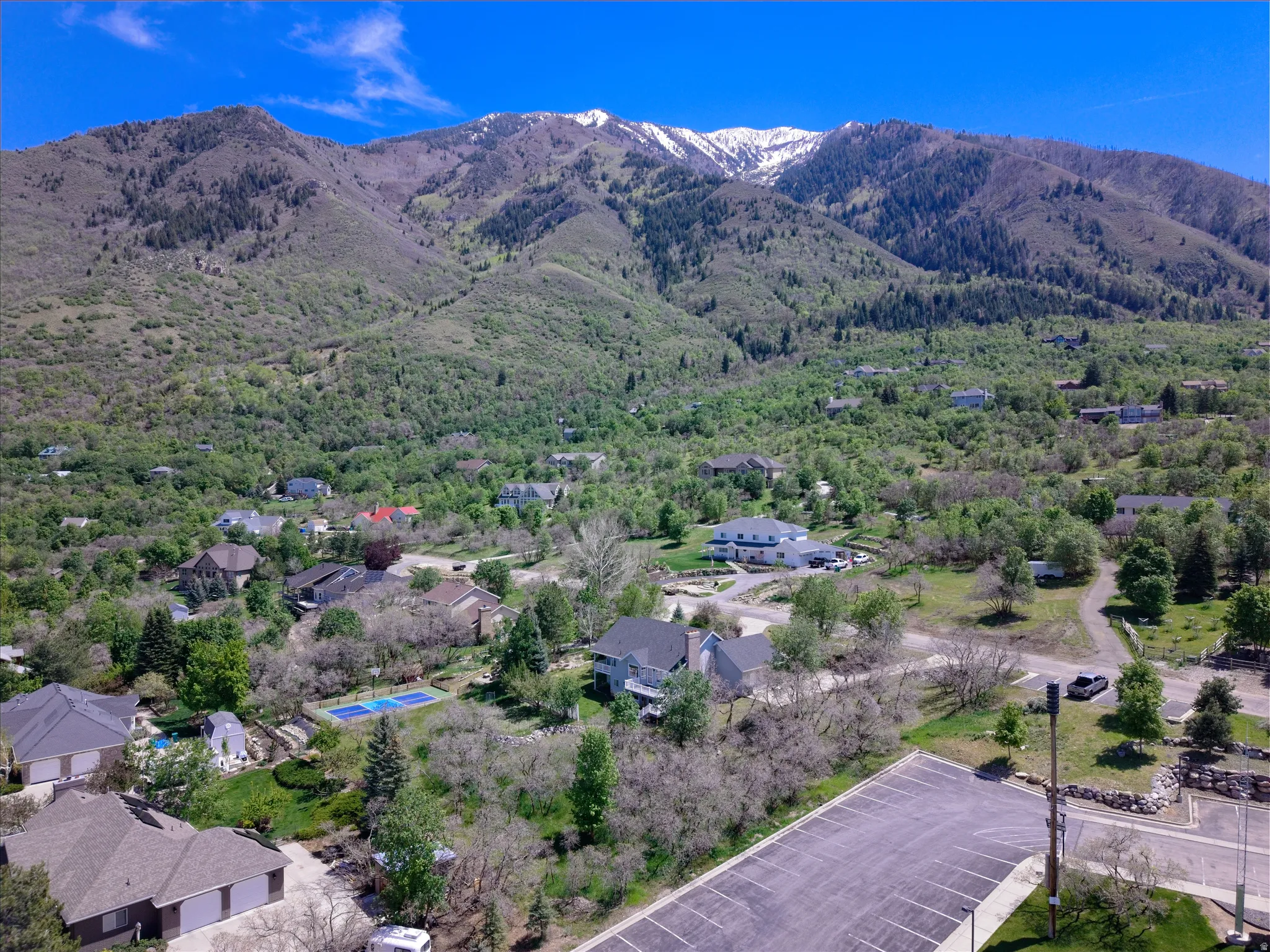 Expansive natural landscape featuring lush green mountains and snow-capped peaks