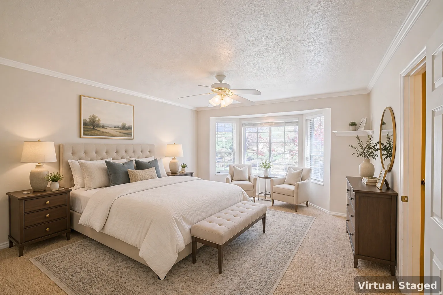 Spacious bedroom featuring a bay window, crown molding, ceiling fan, and carpeted flooring. Digitally Staged.