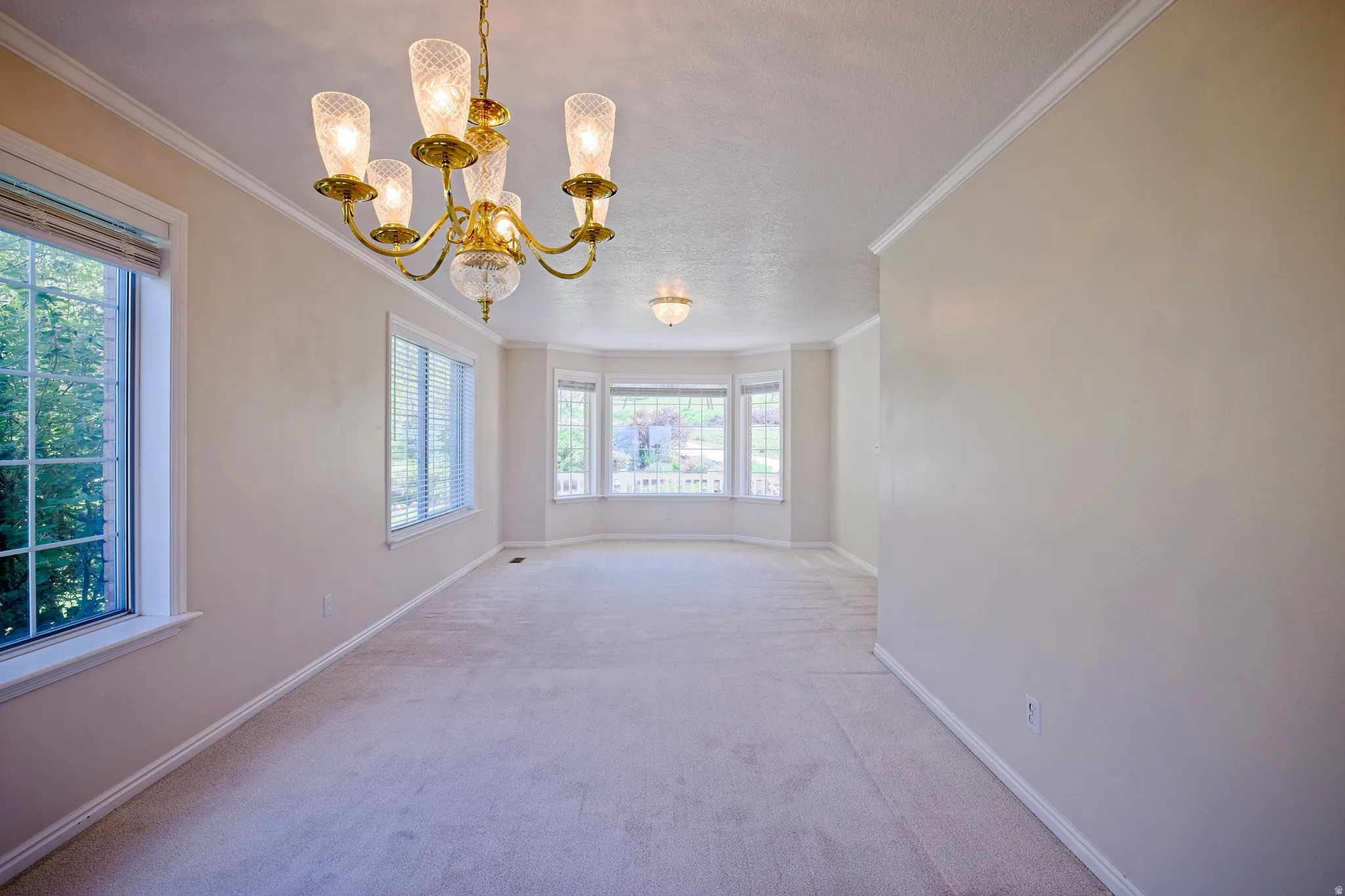 Spacious room featuring a brass chandelier, bay windows, textured ceilings, plush carpet, and white trim