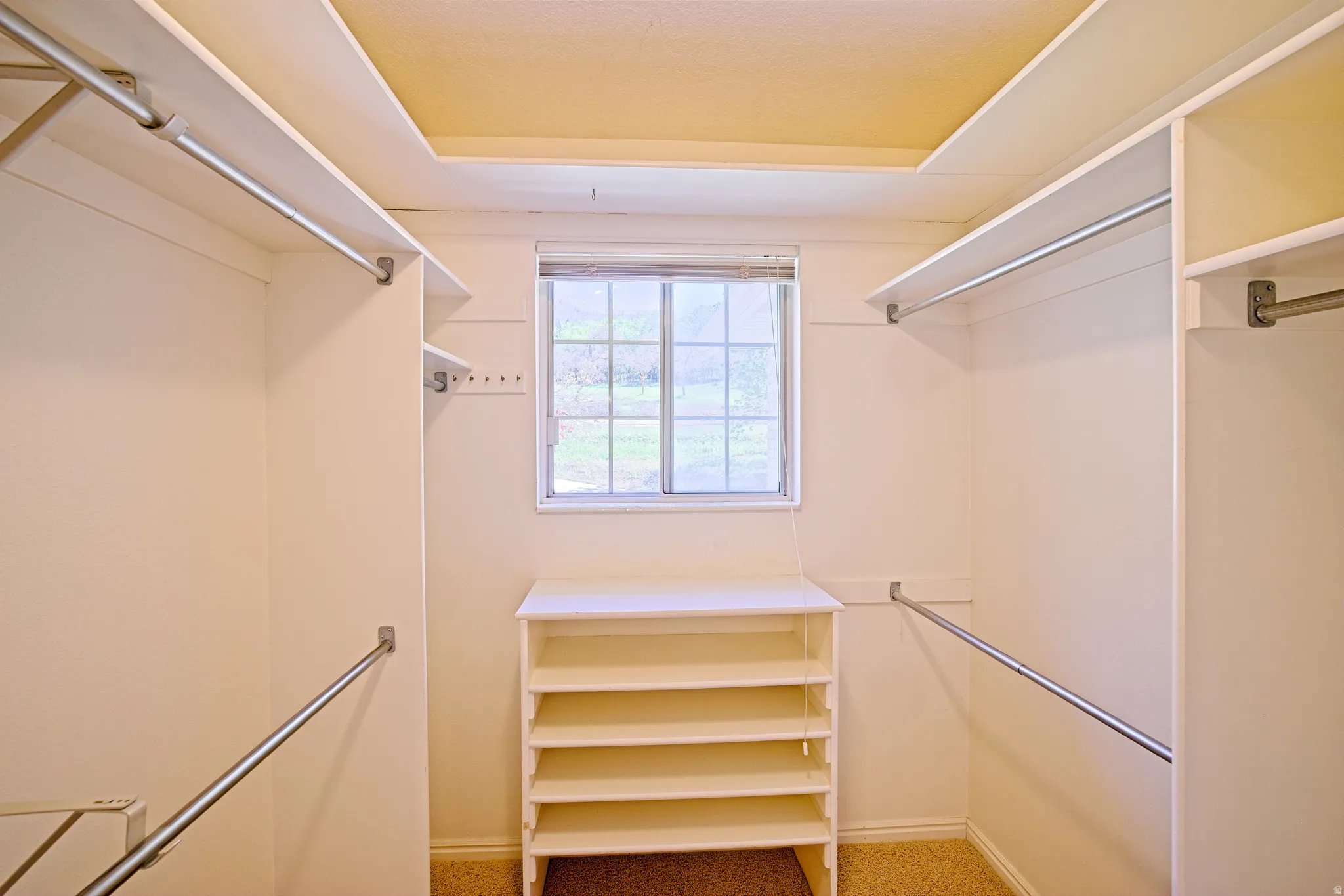 Walk-in closet featuring extensive built-in shelving and hanging rods