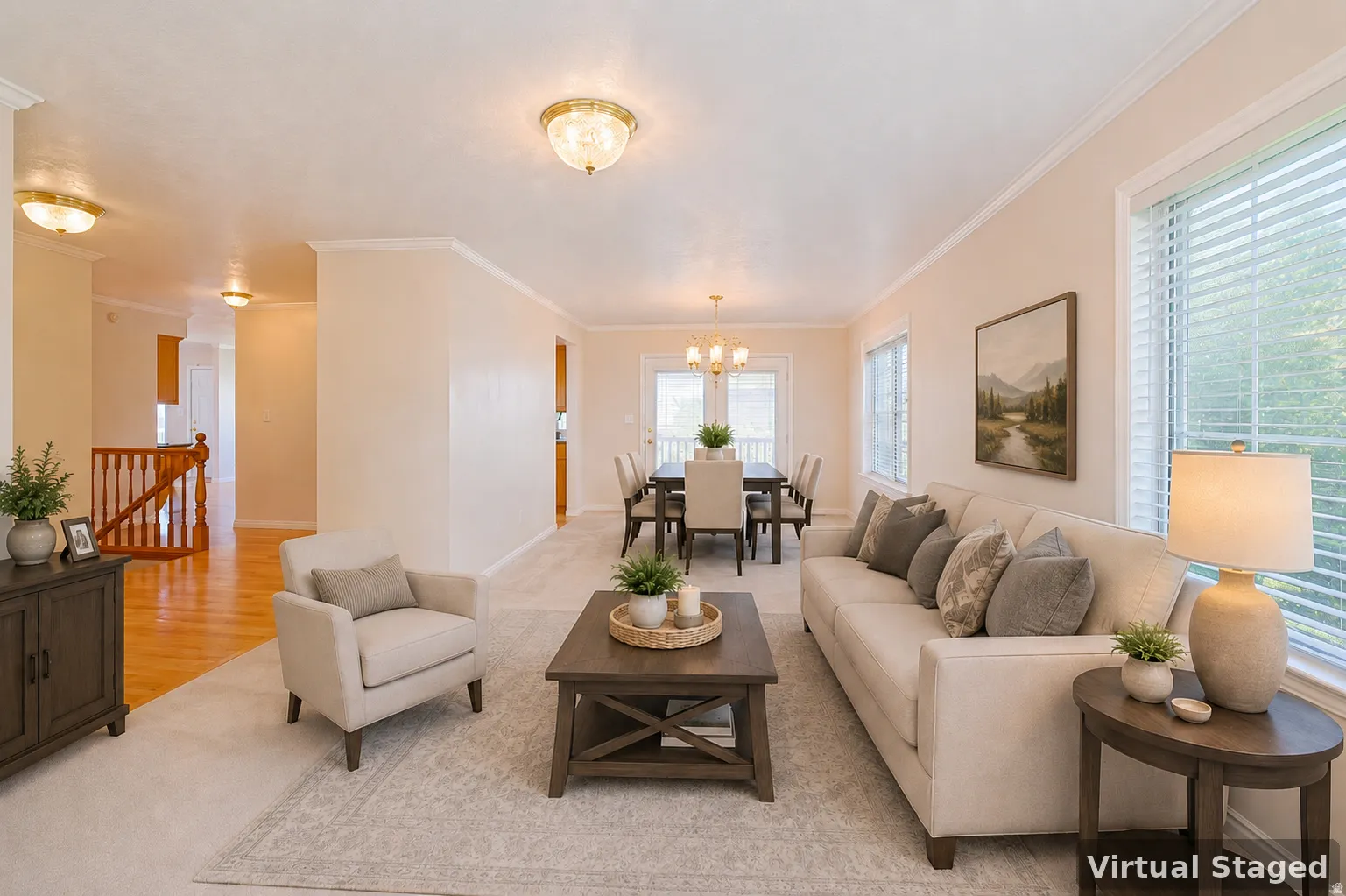 Carpeted living area with light-toned walls and crown molding, Virtual Staging.