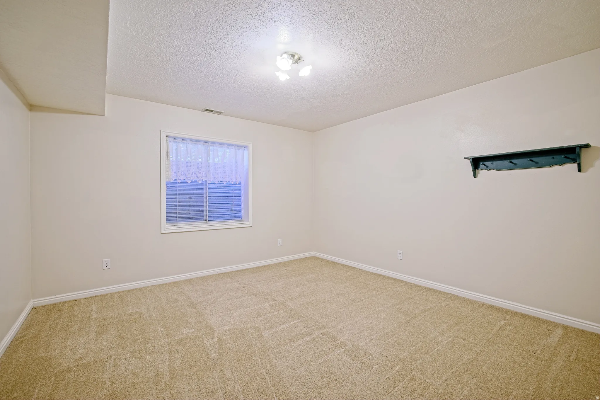 Neutral-toned carpeting extends throughout this room, featuring a single window with white trim