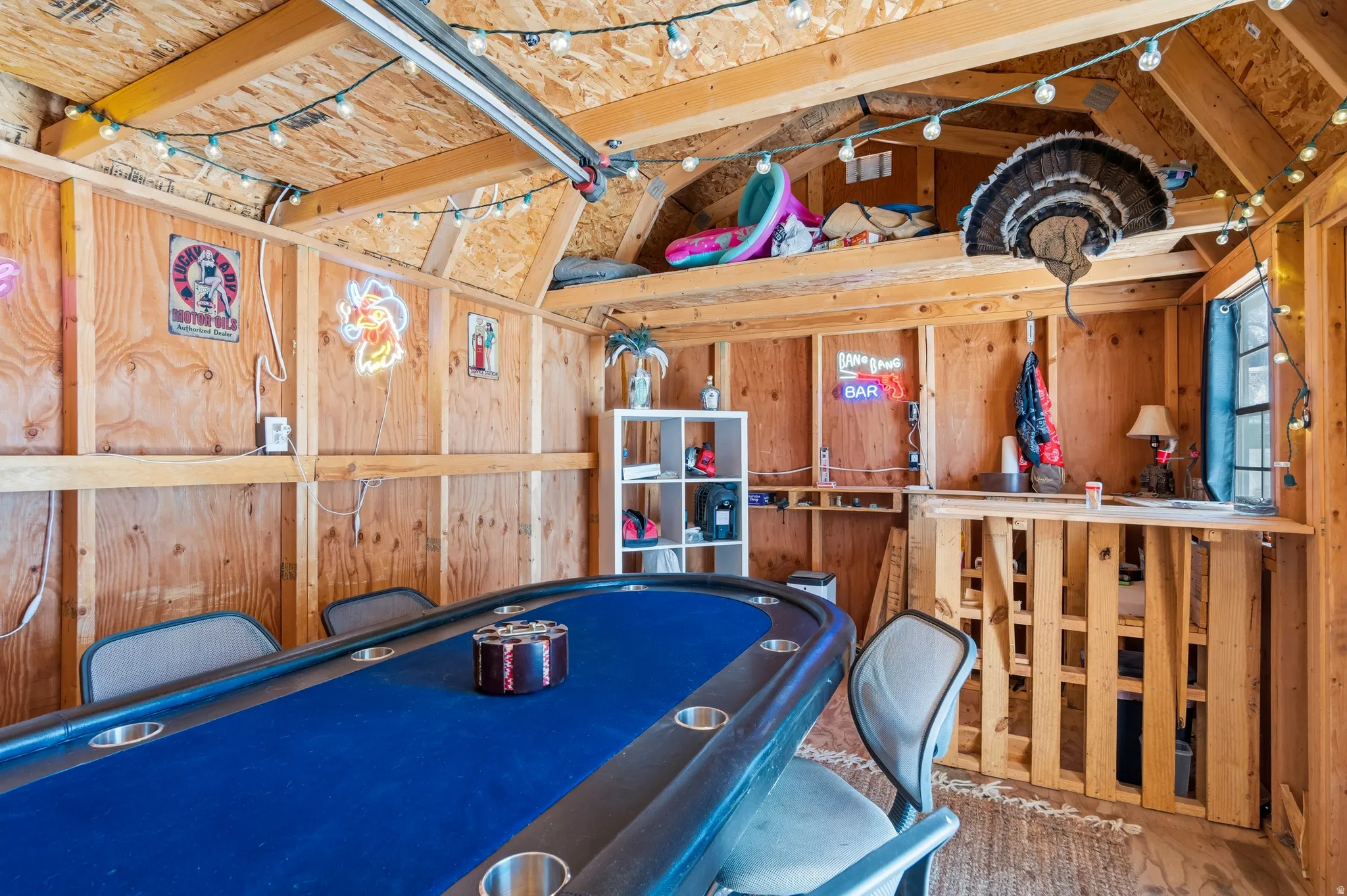 Finished interior space featuring exposed wood framing and plywood paneling