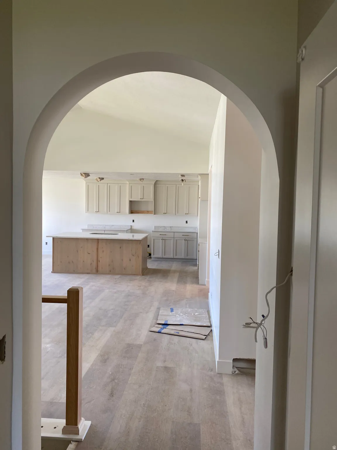 Arched doorway opening to an open-concept living space with wood-finish flooring