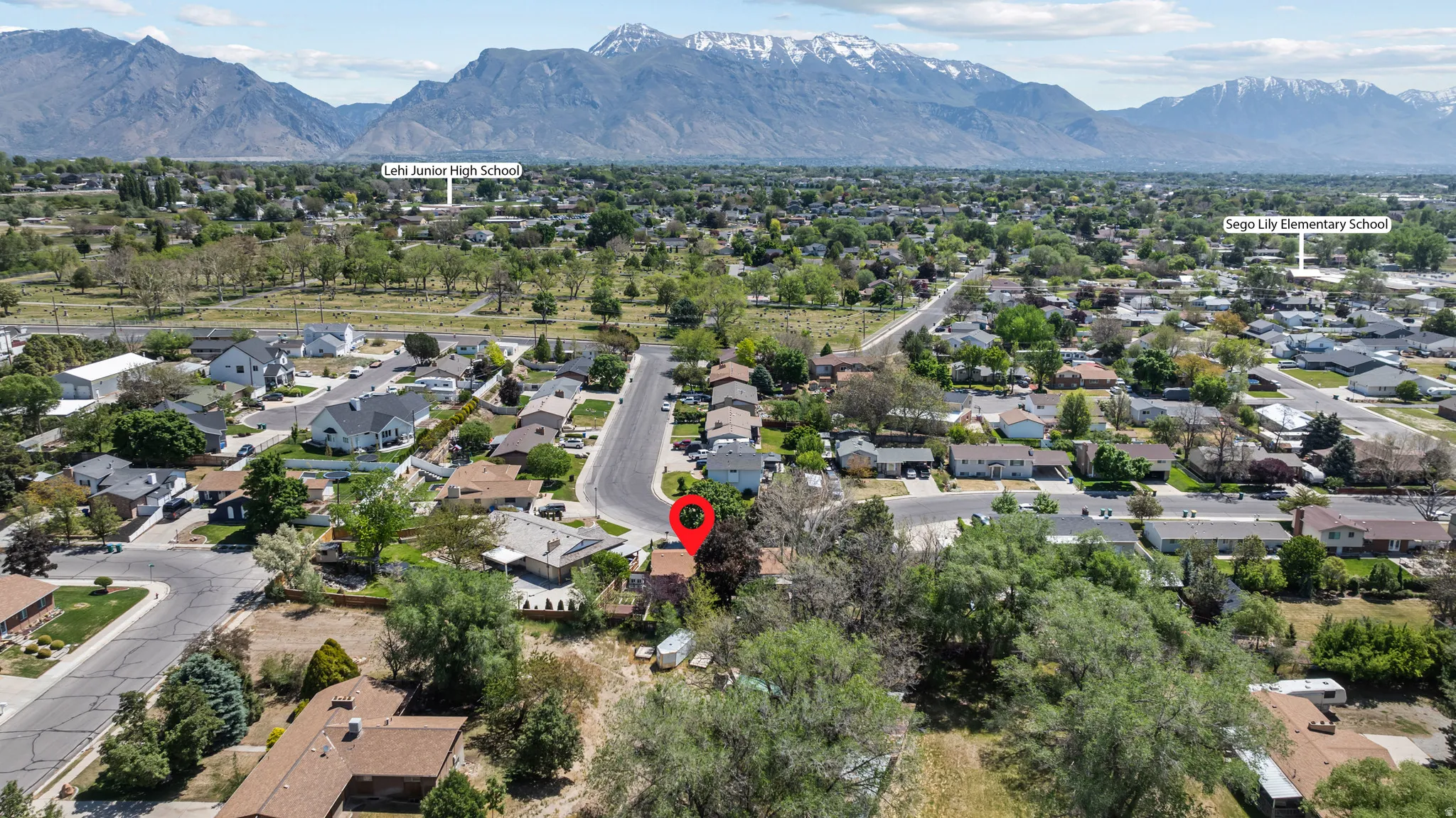 Neighborhood with established residential properties, mature trees, and mountainous terrain in the background