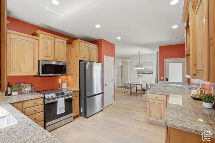 Kitchen featuring granite countertops, wood cabinetry, stainless steel appliances, and wood-finish flooring