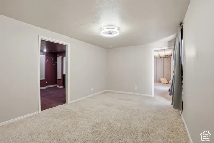 Carpeted room with light gray walls, white trim, and a ceiling-mounted light fixture