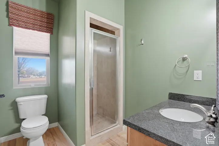 Bathroom featuring a glass-enclosed shower, wood-finish flooring, a toilet, and a vanity with a dark countertop and undermount sink