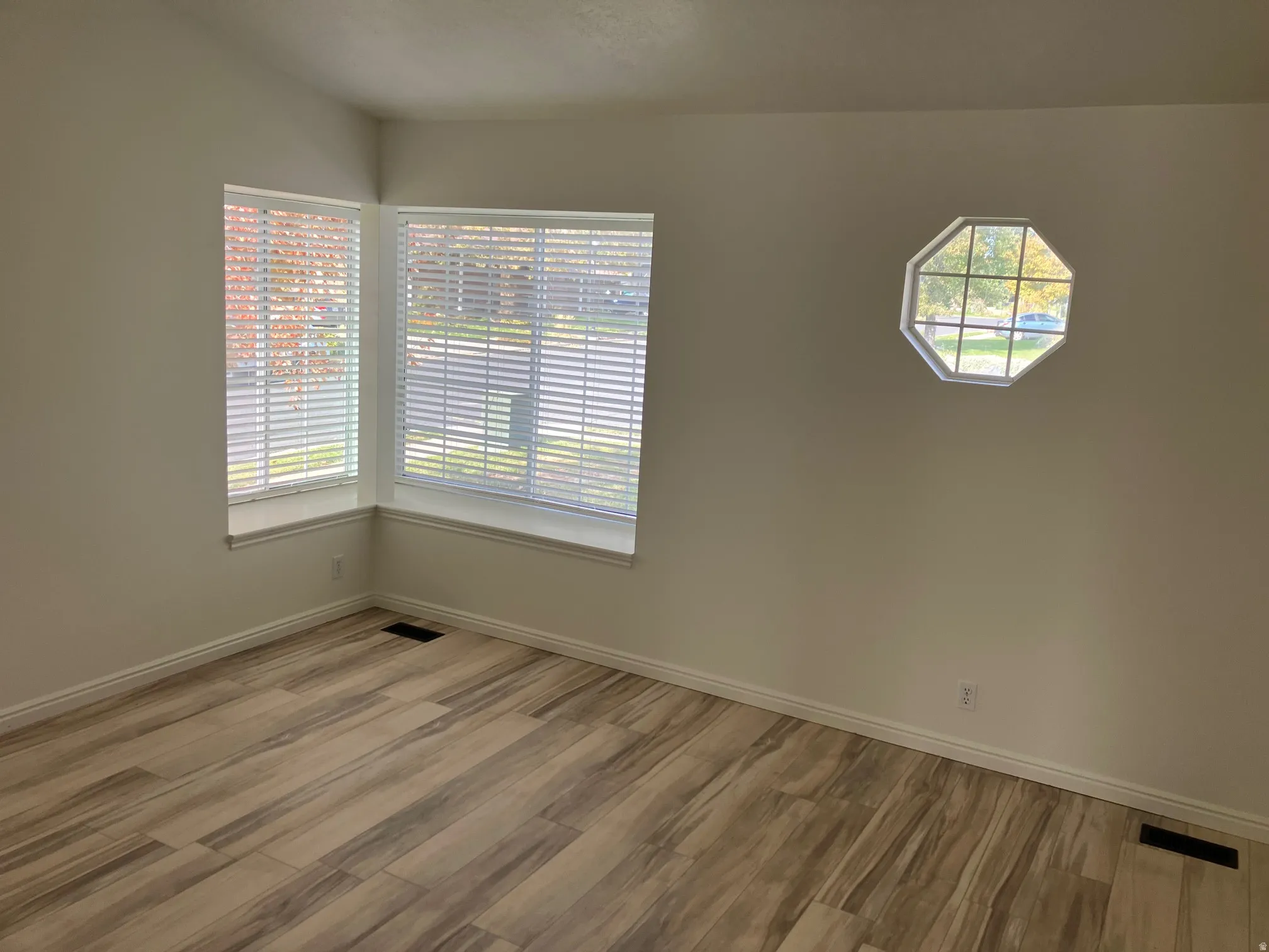 Bright interior space featuring a corner window with blinds, an octagonal accent window, light-toned walls, and wood-finish flooring