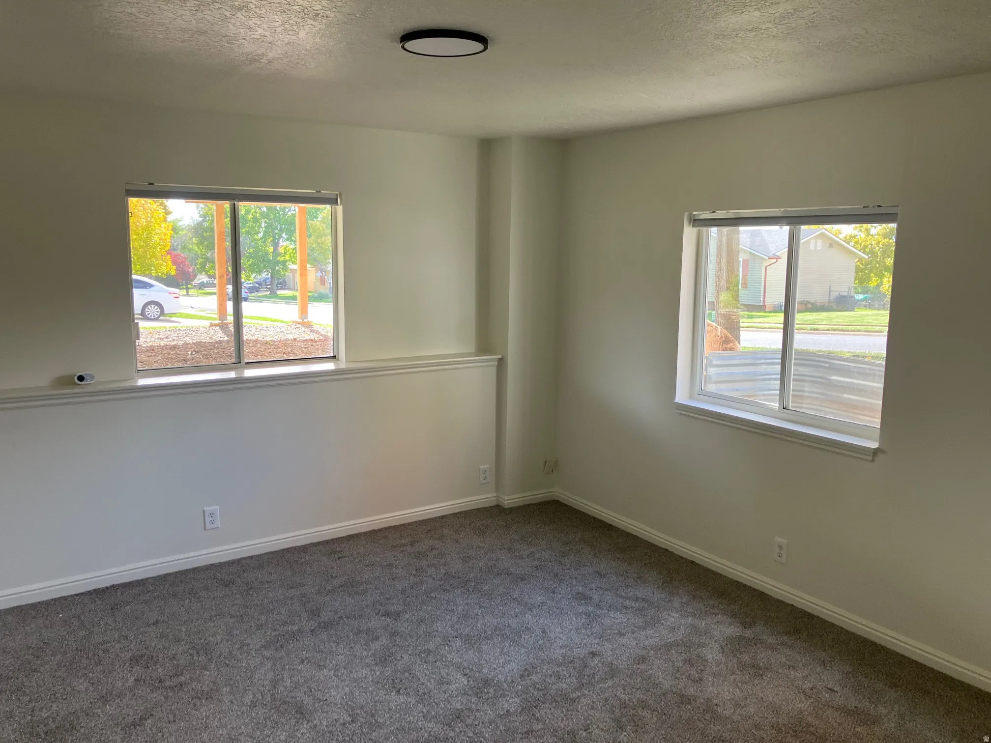 Carpeted room with light neutral wall paint and white trim, featuring two windows with white frames and roller shades