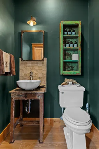 Bathroom featuring wood-finish flooring and deep green walls