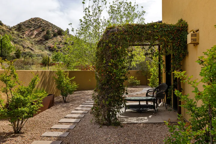 Outdoor patio area featuring an ivy-covered pergola, a gravel ground cover, stepping stone pathway, and mature plantings