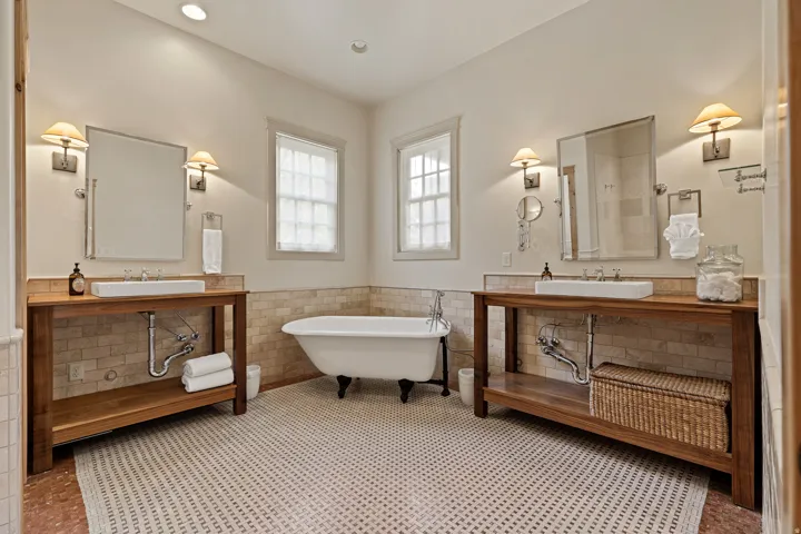 Bathroom featuring a freestanding clawfoot tub, dual wood vanities with vessel sinks, two sash windows with privacy coverings, and mosaic tile flooring