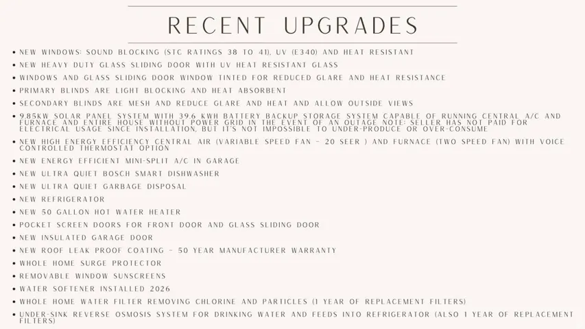 Recent Upgrades List. Itemizing property enhancements and specifications