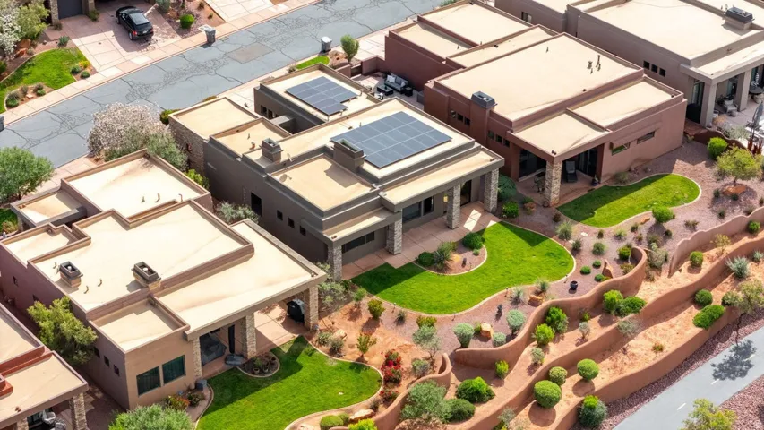 Modern desert landscaping featuring terraced rock walls, mature greenery, and curvilinear lawn areas