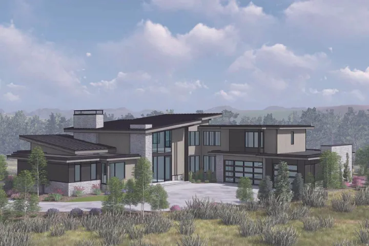 Rendering of modern architectural residence featuring multiple rooflines and large format windows