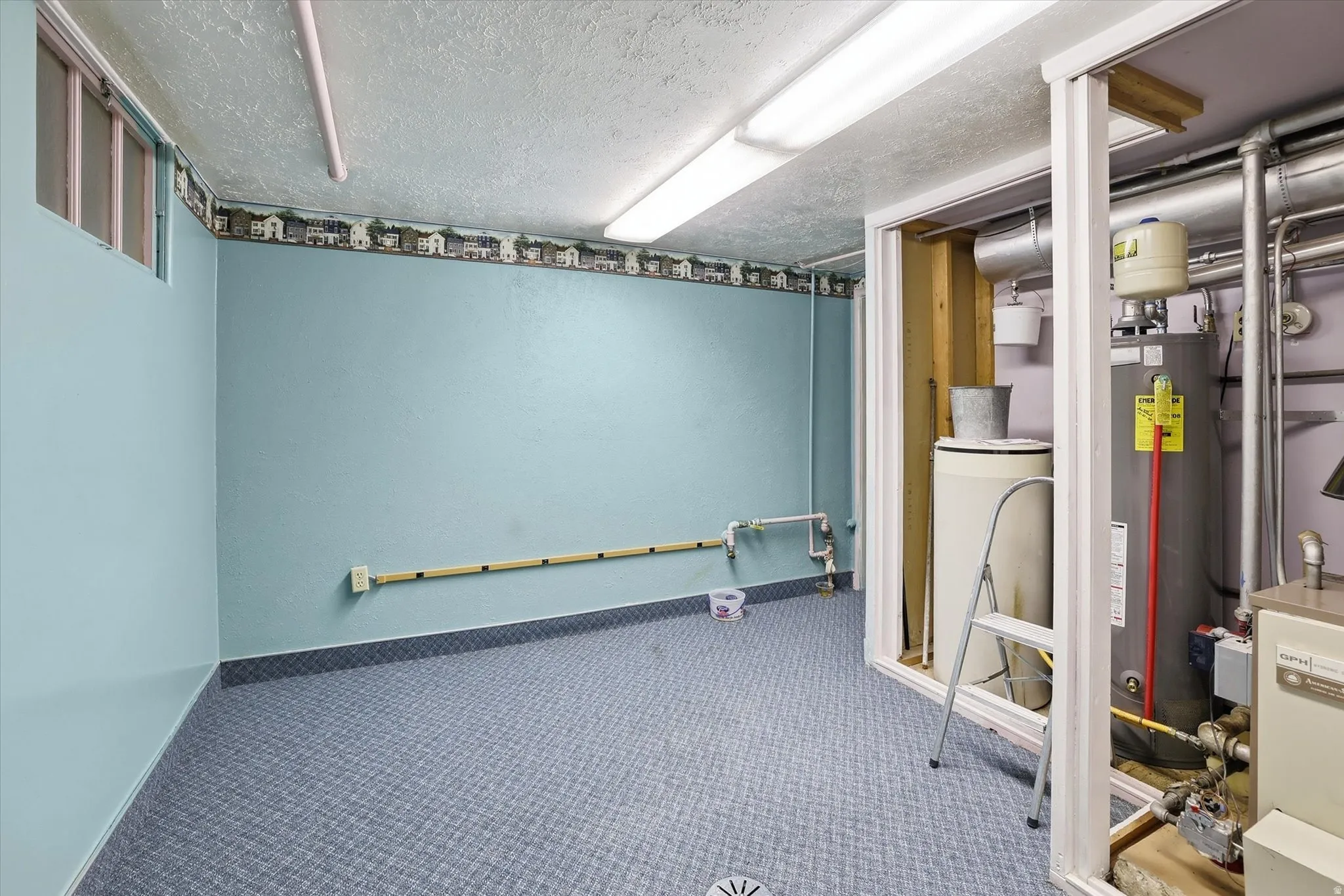 Utility area featuring blue carpeting, light blue walls, a utility window, fluorescent lighting, and a dedicated mechanical room housing a water heater
