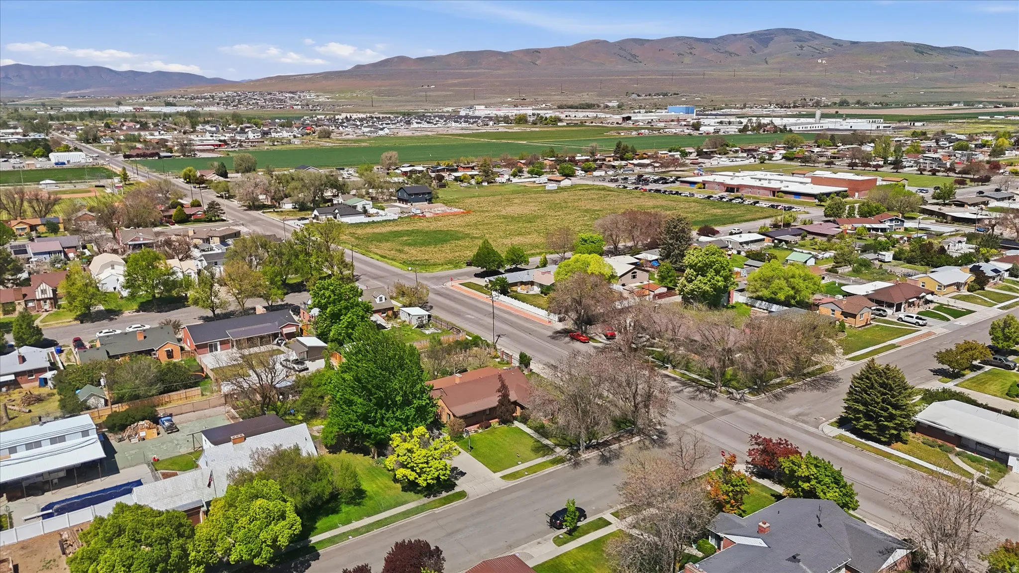 Aerial perspective showcasing a developed residential area with established homes, mature trees, and paved streets