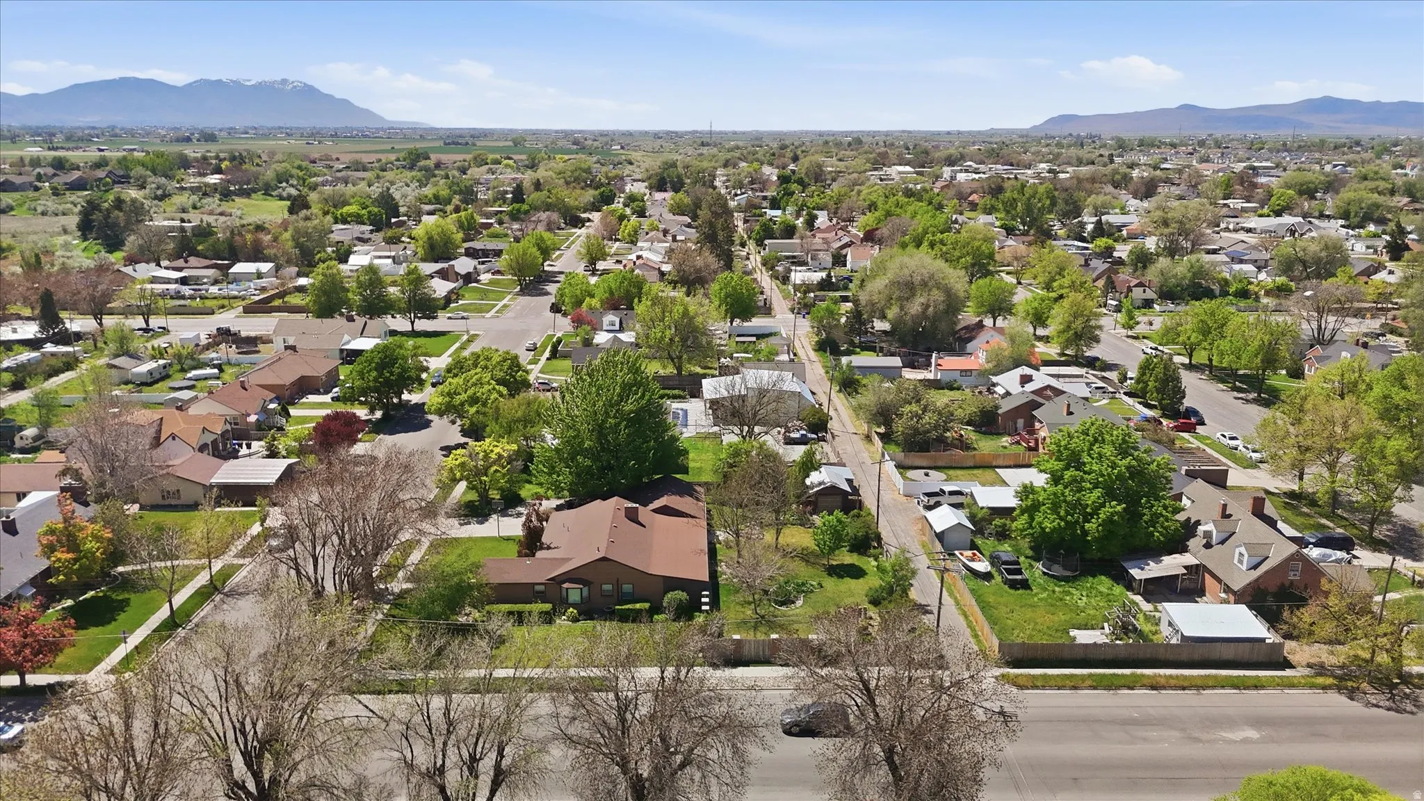 Aerial perspective of a residential street with mature trees and established landscaping