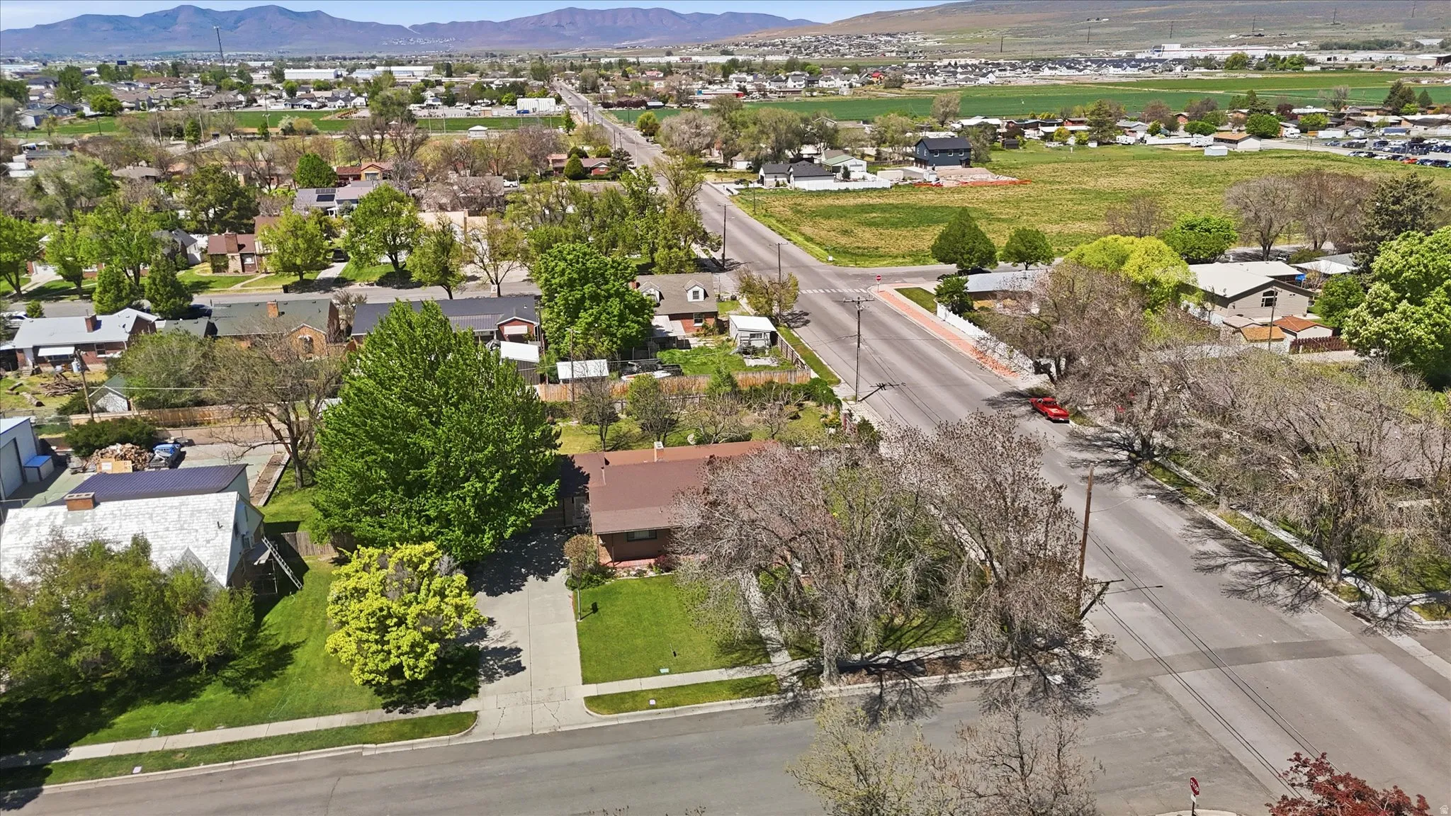 Aerial perspective showcasing a residential area with mature trees and a brown-roofed property