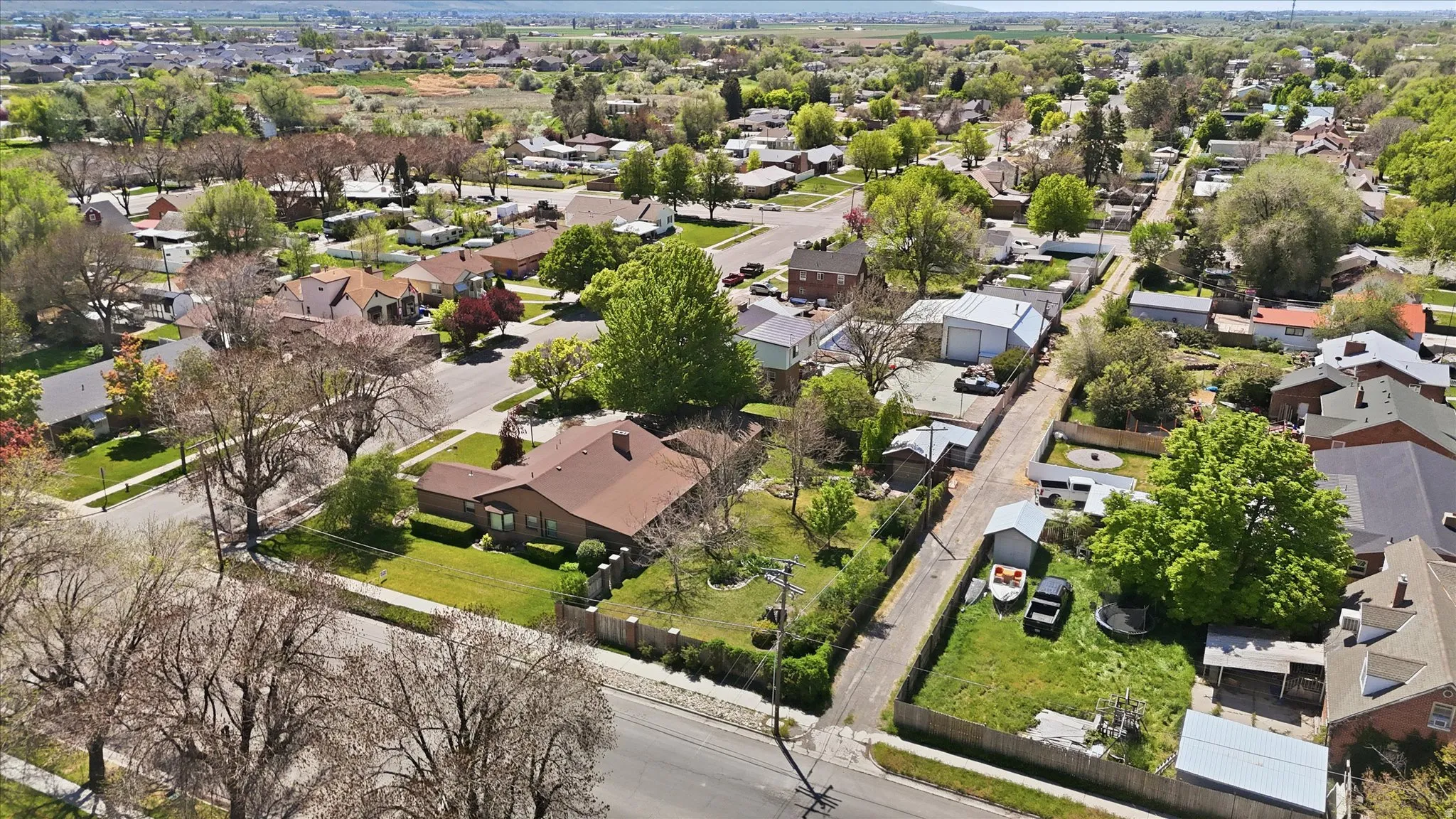 Residential neighborhood featuring mature trees, paved streets, and a variety of architectural styles
