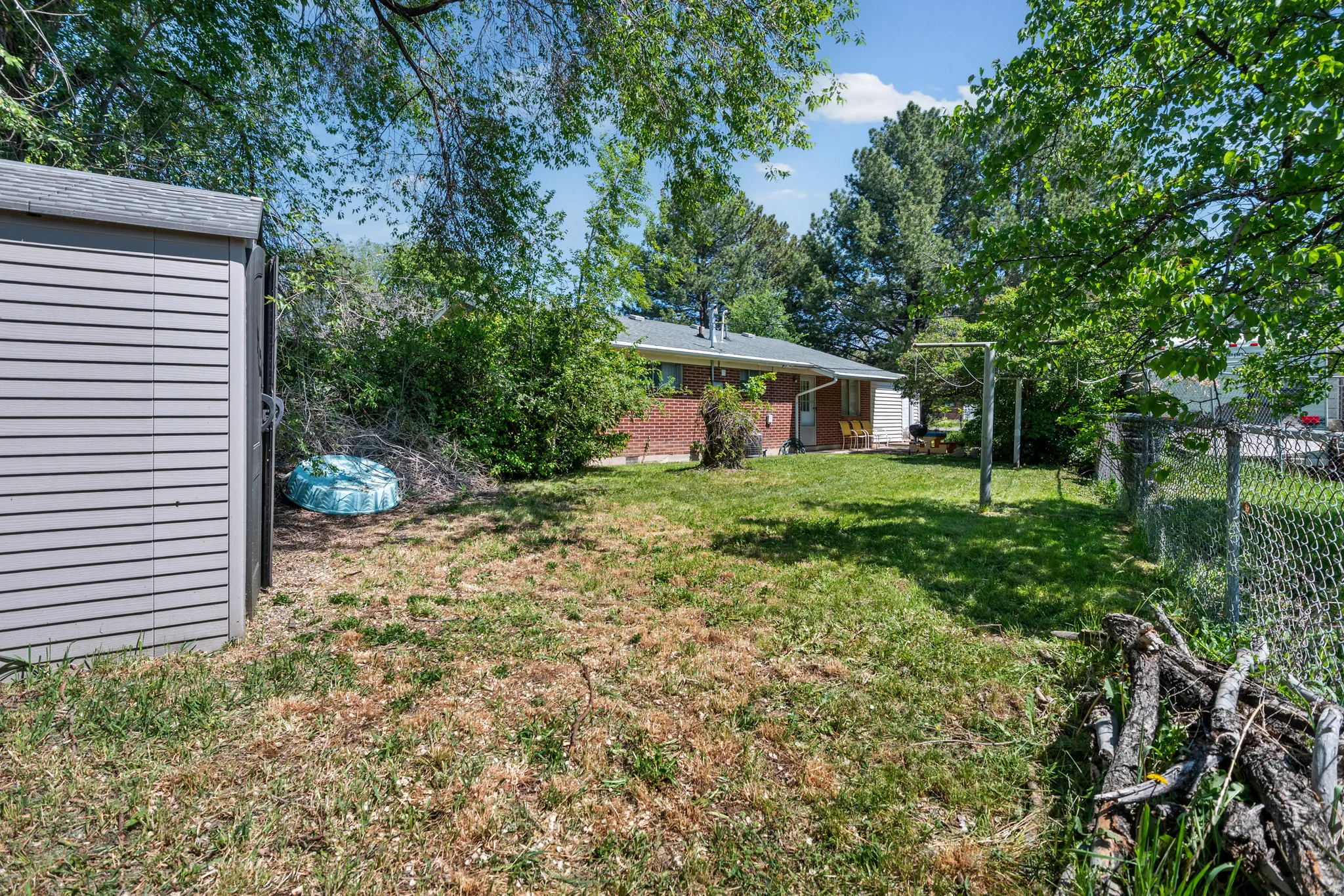 Spacious backyard featuring a chain-link fence, mature trees, and a storage shed