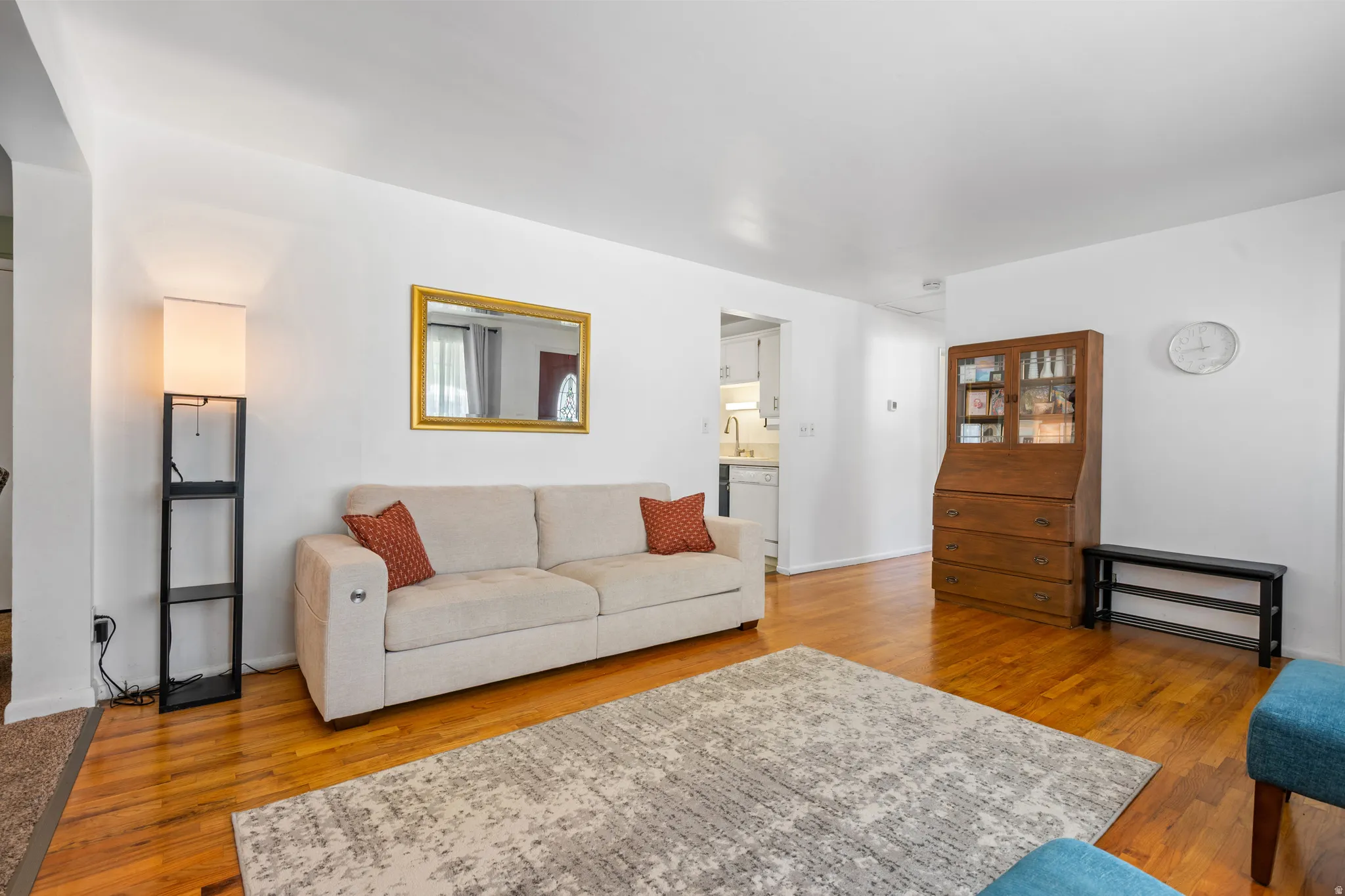 Hardwood flooring throughout the main living space