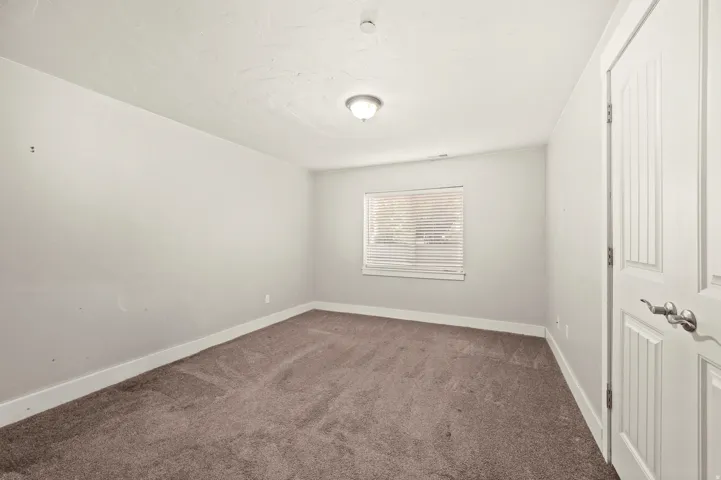 Spacious room featuring neutral-toned walls, plush carpeting, a single window with blinds, a ceiling-mounted light fixture, and a paneled door with brushed nickel hardware