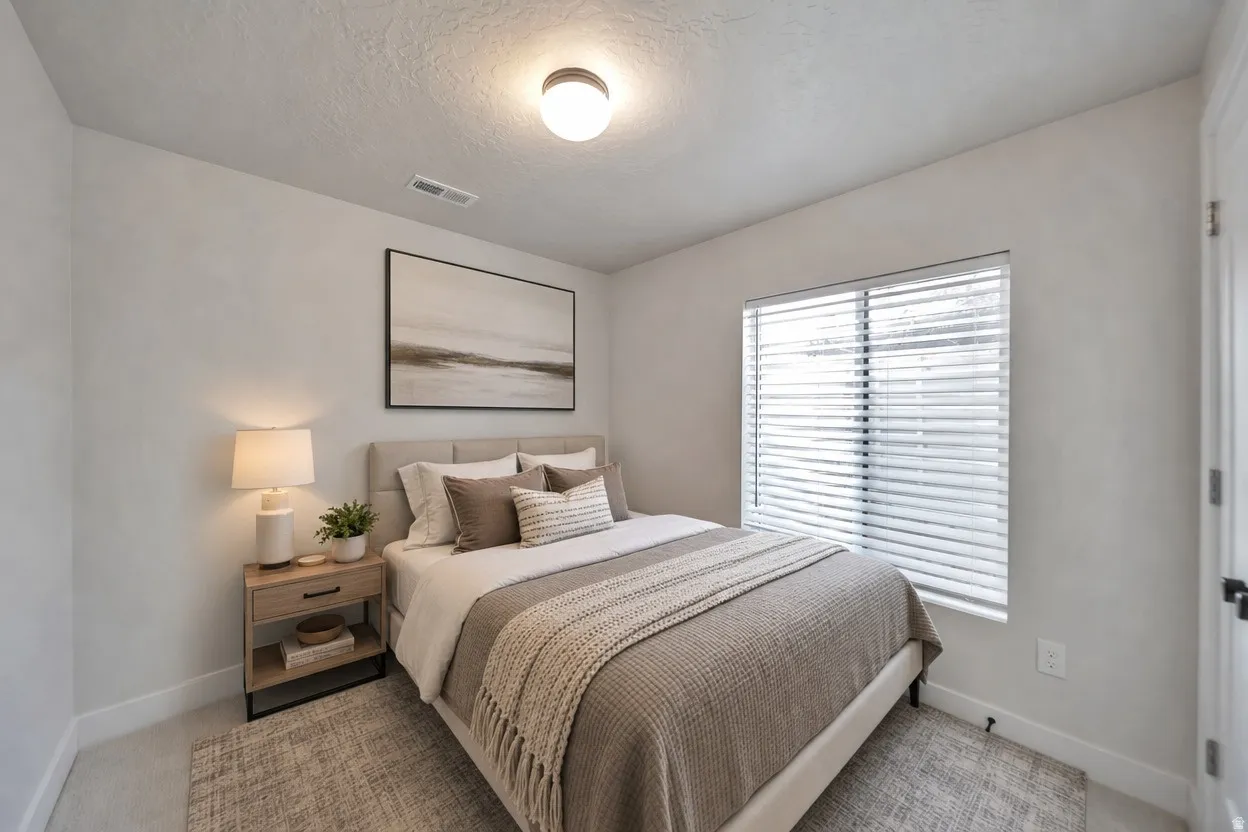 Bedroom featuring a single window with blinds, a ceiling-mounted light fixture, and light-toned walls