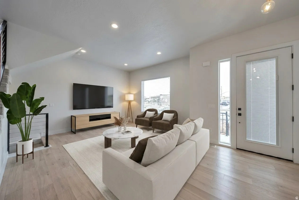 Spacious living area featuring light wood-finish flooring, recessed lighting, and large windows with blinds