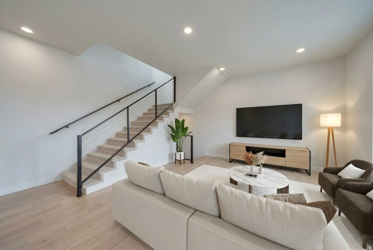 Open-concept living space with light wood-finish flooring