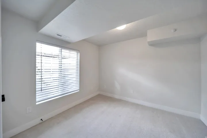 Bright room featuring a single window with horizontal blinds, neutral wall paint, and light-colored carpeting