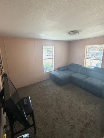 Carpeted room featuring two windows, recessed lighting, and a neutral wall color